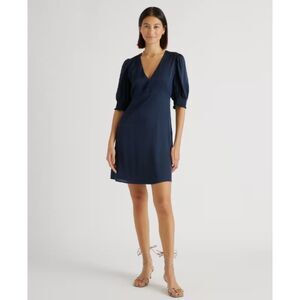 Quince Very Soft Navy Blue Washable Stretch Silk, Puff Sleeve Mini Dress, Sz S